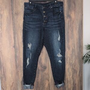 Grace & Lace High Rise Blue Distressed Button Fly Cuffed Crop Jeans 16 -506C